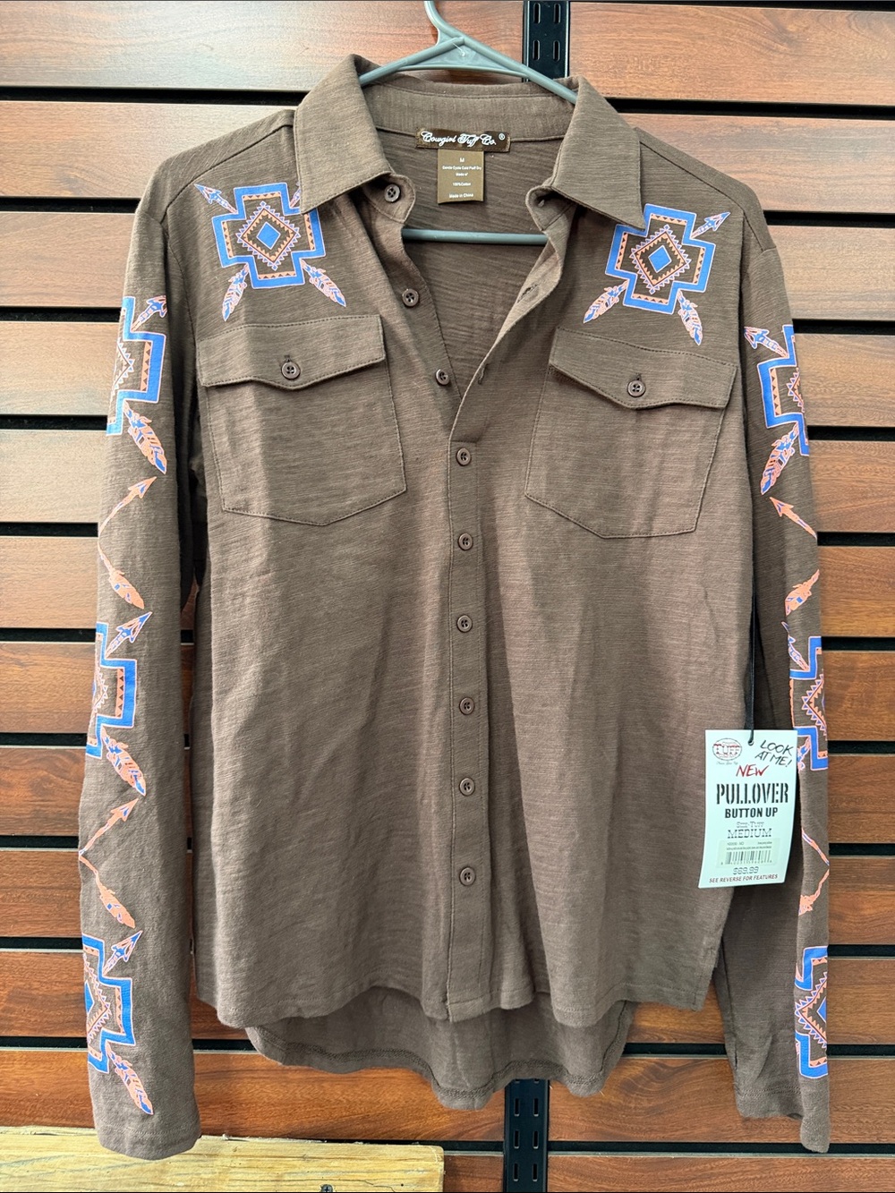 Cowgirl Tuff Brown Button-Up Shirt with Blue & Pink Geometric Embroidery